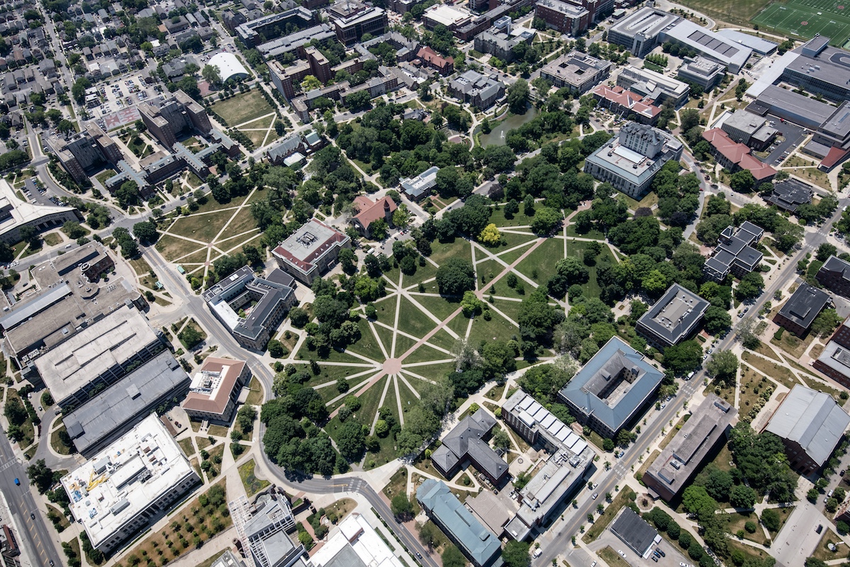 Aerial view of the Oval on Ohio State Campus during spring.